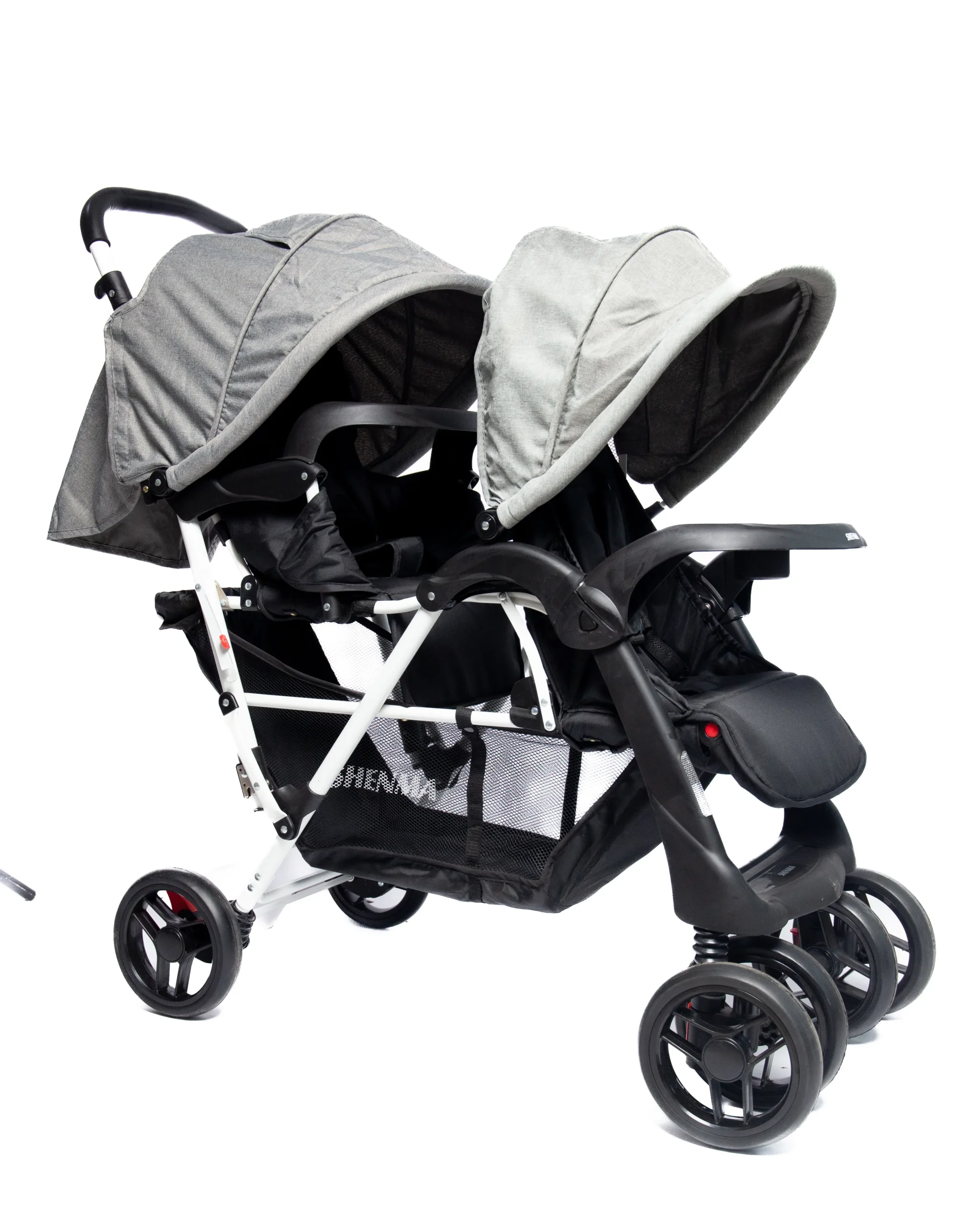 Foldable twin baby stroller with 2 seats, sun canopy and storage basket